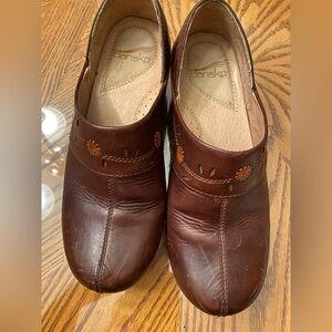 Dansko Dark Brown Leather Slip-On Clogs with Floral Cutouts